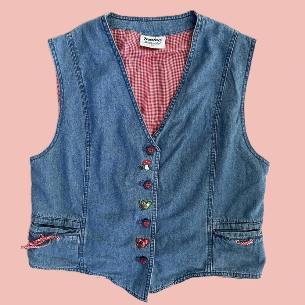 Vintage Meico Denim Vest – Cottagecore Mushroom Embroidery, Gingham Lining